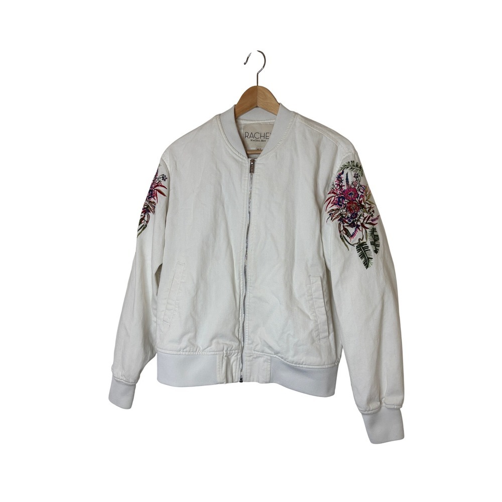 Rachel Roy White Denim Bomber Jacket Floral Embroidered Full Zip Size XL - Picture 8 of 8